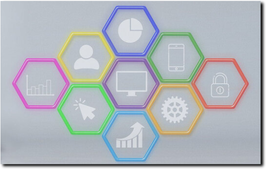 Immagine concettuale con icone esagonali colorate rappresentanti grafici, tecnologia, sicurezza e crescita, simbolo del nostro approccio innovativo e tecnologico.